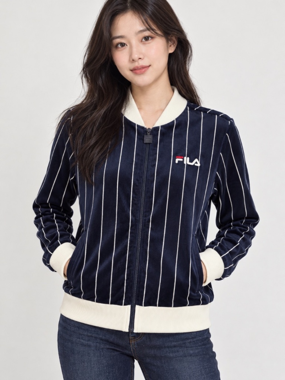 Navy Pinstripe Zip-Up Bomber Jacket Size XS FILA